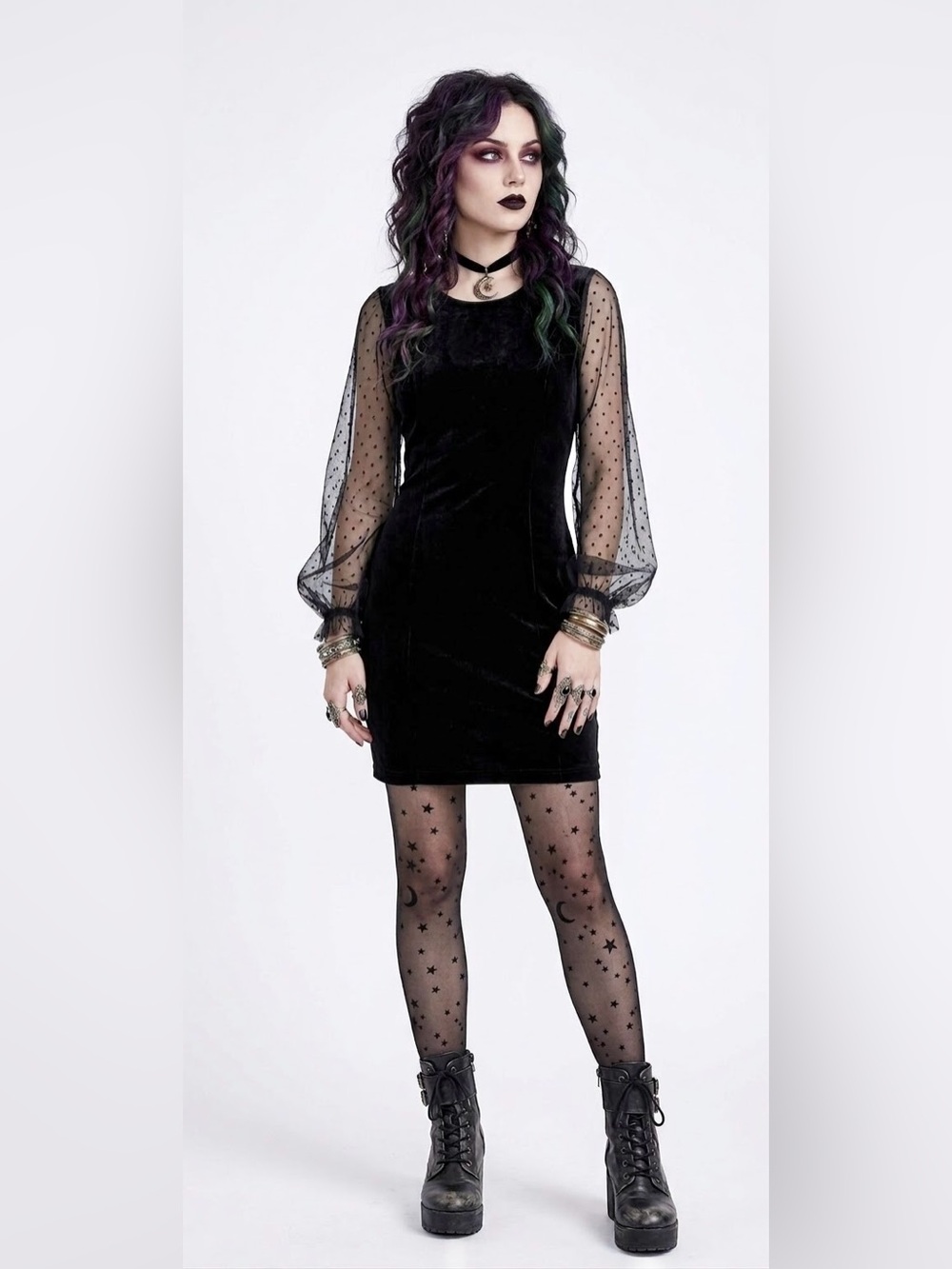 Whimsigoth Black Velvet Puff Sleeve Dress Sheer Polka Dot Vampirecore Silk Witch
